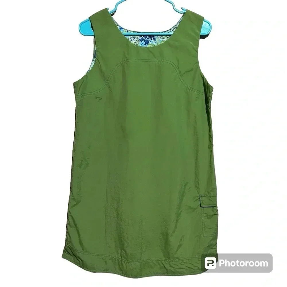 Sahalie Women's Green Sleeveless Nylon Shift Dress Size M Cargo Pocket Hiking